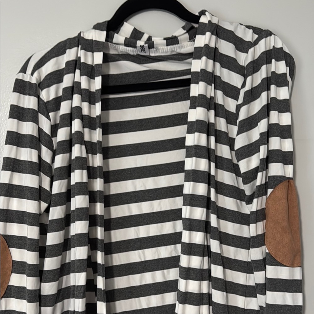 Striped Black and White Cardigan with Tan Elbow Patches - Picture 2 of 5
